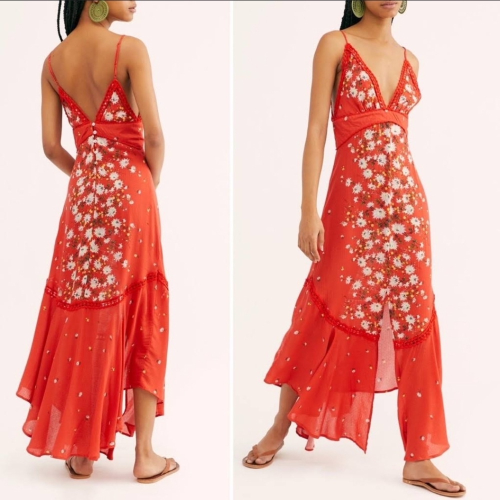 Free People Red Paradise Printed Maxi Slip Dress M
